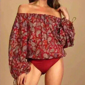 Free People Red Paisley Off-Shoulder Bodysuit